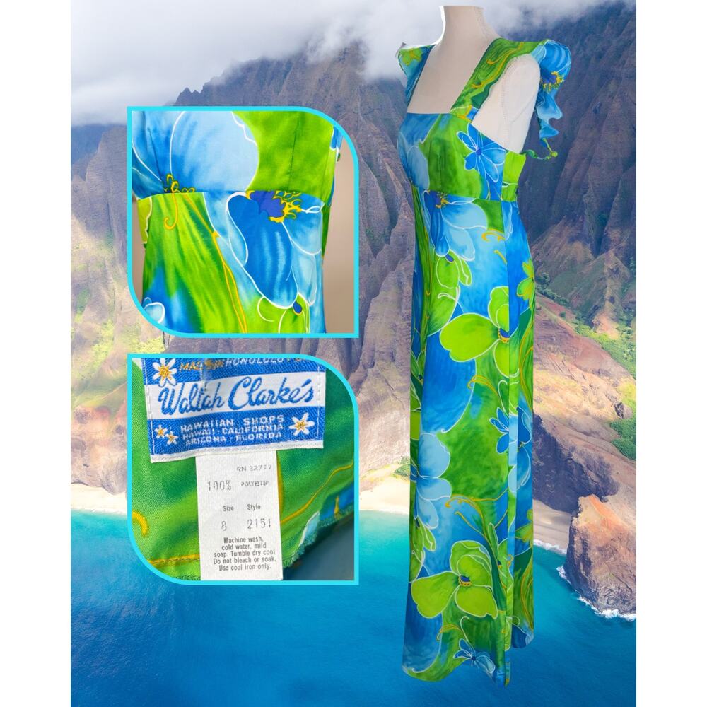 Vintage 60s Waltah Clark's Hawaiian Blue Green Empire Waist Maxi Dress 8 - Picture 2 of 3